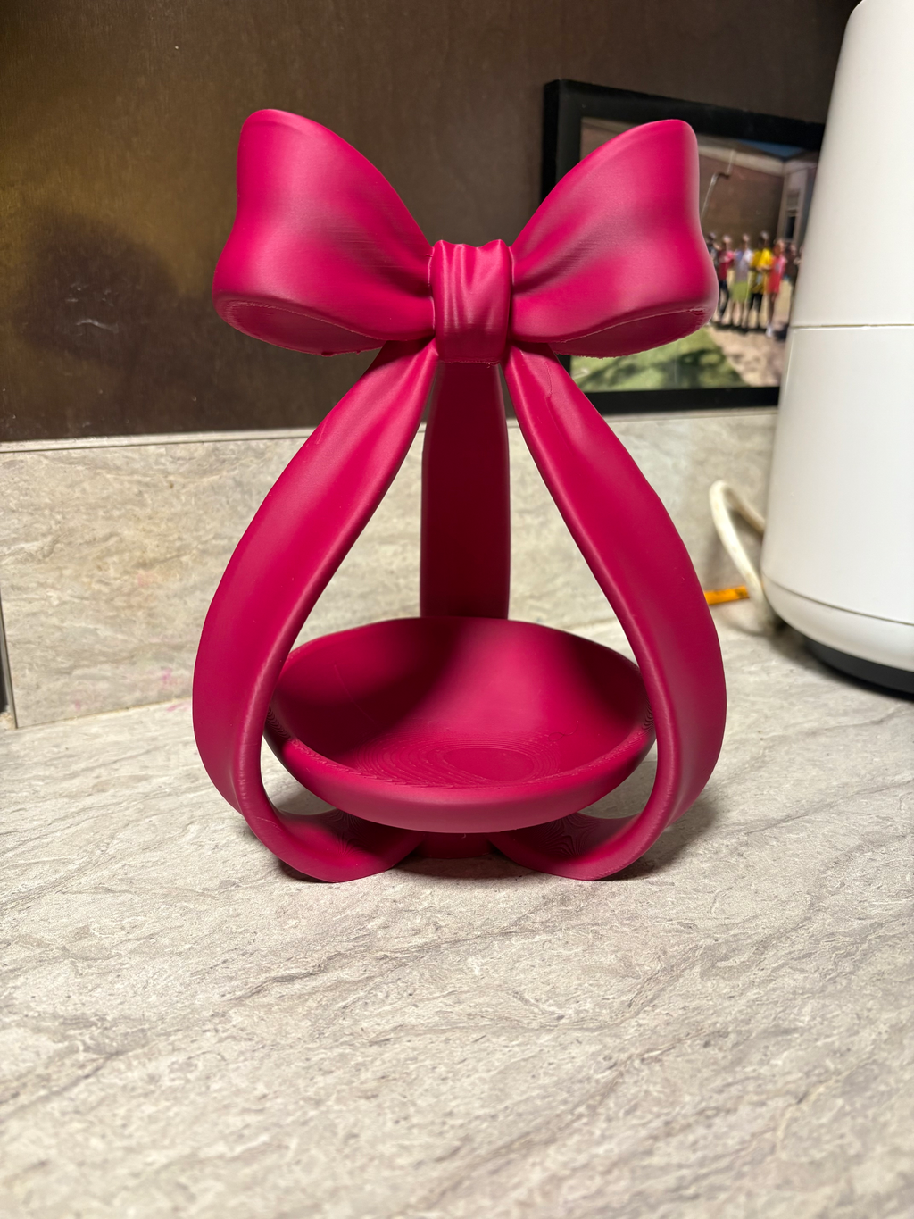 Coquette Bow Jewellery Dish — example colour. Includes: One finished printed item; display accessories excluded. Approximate dimensions (Width × Depth × Height): 1 supplied: 134 × 127.2 × 181.4 mm.
