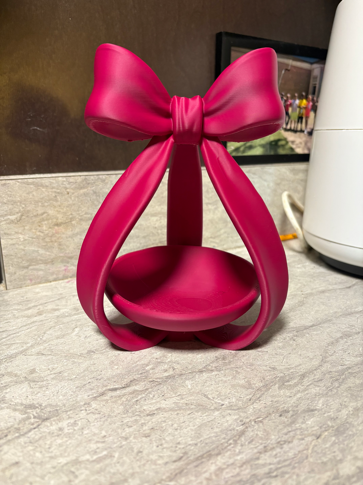 Coquette Bow Jewellery Dish — example colour. Includes: One finished printed item; display accessories excluded. Approximate dimensions (Width × Depth × Height): 1 supplied: 134 × 127.2 × 181.4 mm.