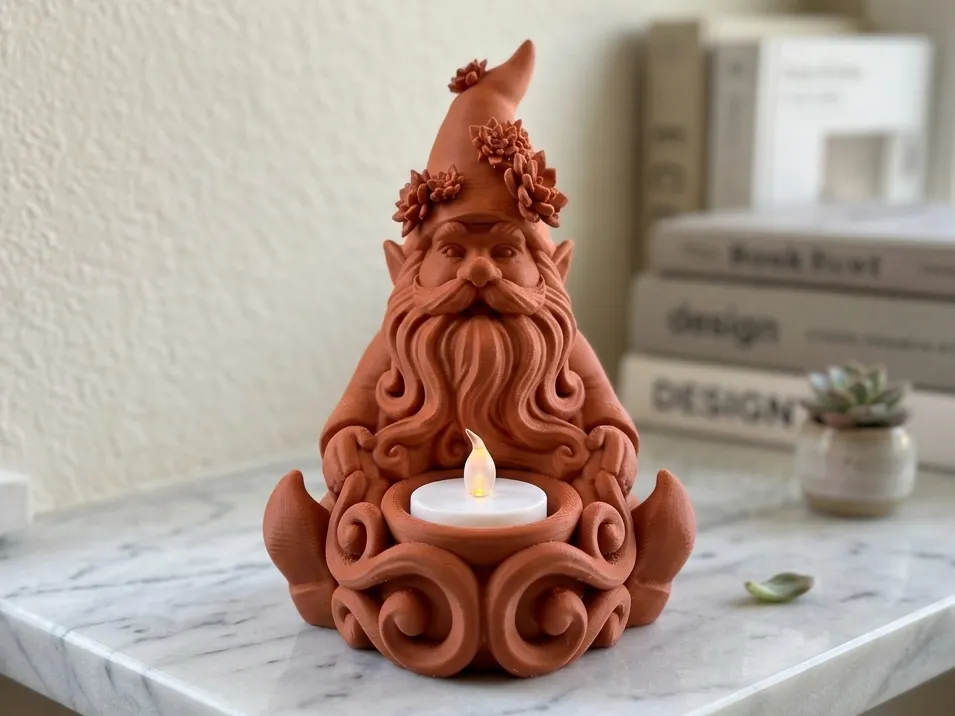 Succulent Gnome LED Tea Light Holder — example colour. Includes: One finished printed item; display accessories excluded. Approximate dimensions (Width × Depth × Height): 1 supplied: 126.5 × 116.5 × 171 mm.