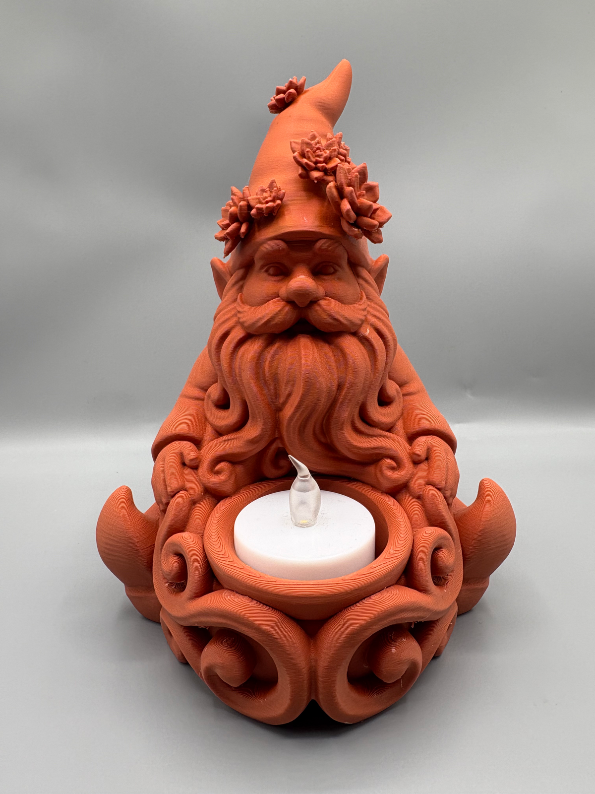 Succulent Gnome LED Tea Light Holder — example colour. Includes: One finished printed item; display accessories excluded. Approximate dimensions (Width × Depth × Height): 1 supplied: 126.5 × 116.5 × 171 mm.