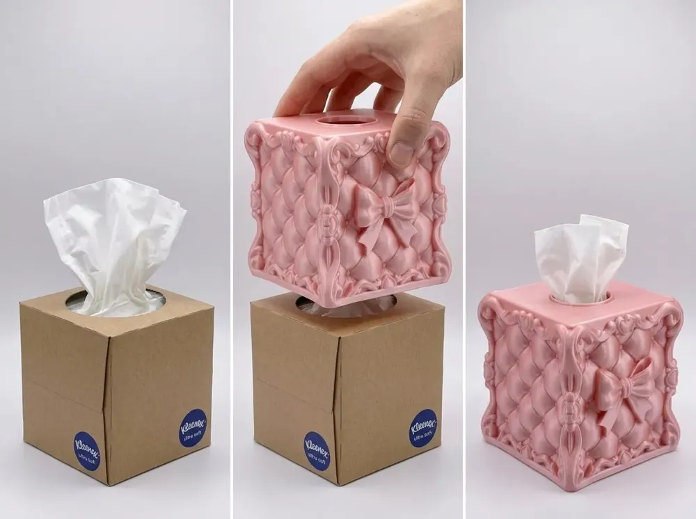 Rococo Bow Tissue Box Cover — example colour. Includes: One finished printed item; display accessories excluded. Approximate dimensions (Width × Depth × Height): 1 supplied: 195.1 × 193.9 × 134 mm.