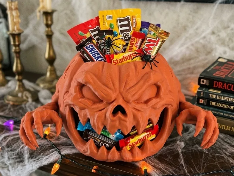 Pumpkin Monster Candy Display Bowl — example colour. Includes: One finished printed item; display accessories excluded. Approximate dimensions (Width × Depth × Height): 1 supplied: 190.5 × 148.1 × 107.5 mm.