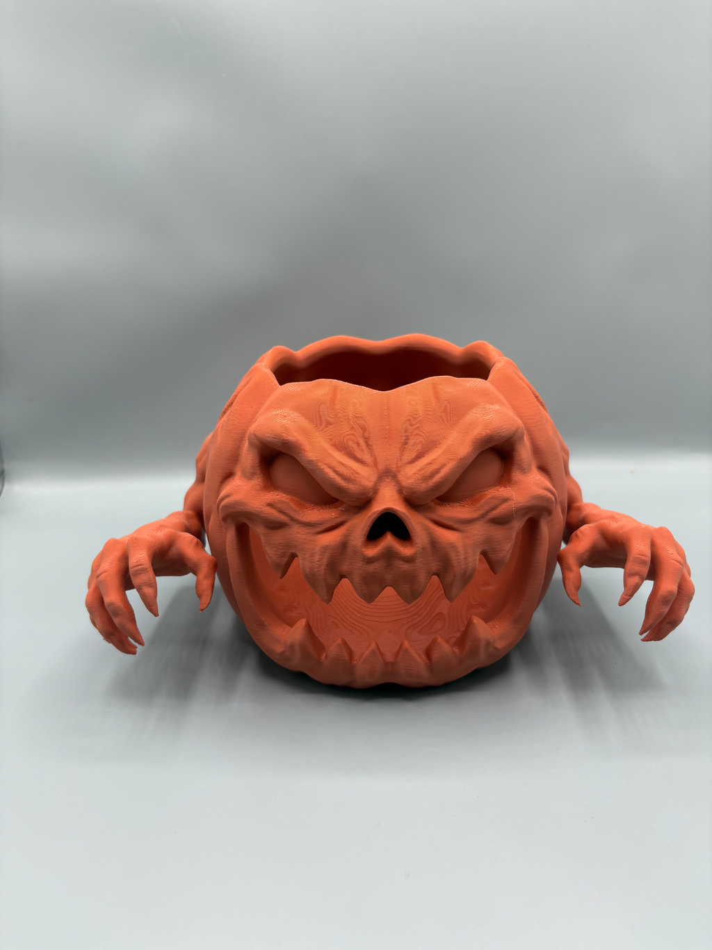 Pumpkin Monster Candy Display Bowl — example colour. Includes: One finished printed item; display accessories excluded. Approximate dimensions (Width × Depth × Height): 1 supplied: 190.5 × 148.1 × 107.5 mm.