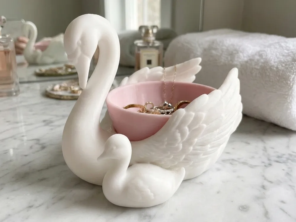 Swan & Cygnet Jewellery Dish — example colour. Includes: One finished printed item; display accessories excluded. Approximate dimensions (Width × Depth × Height): 1 supplied: 177.9 × 127 × 137.2 mm.