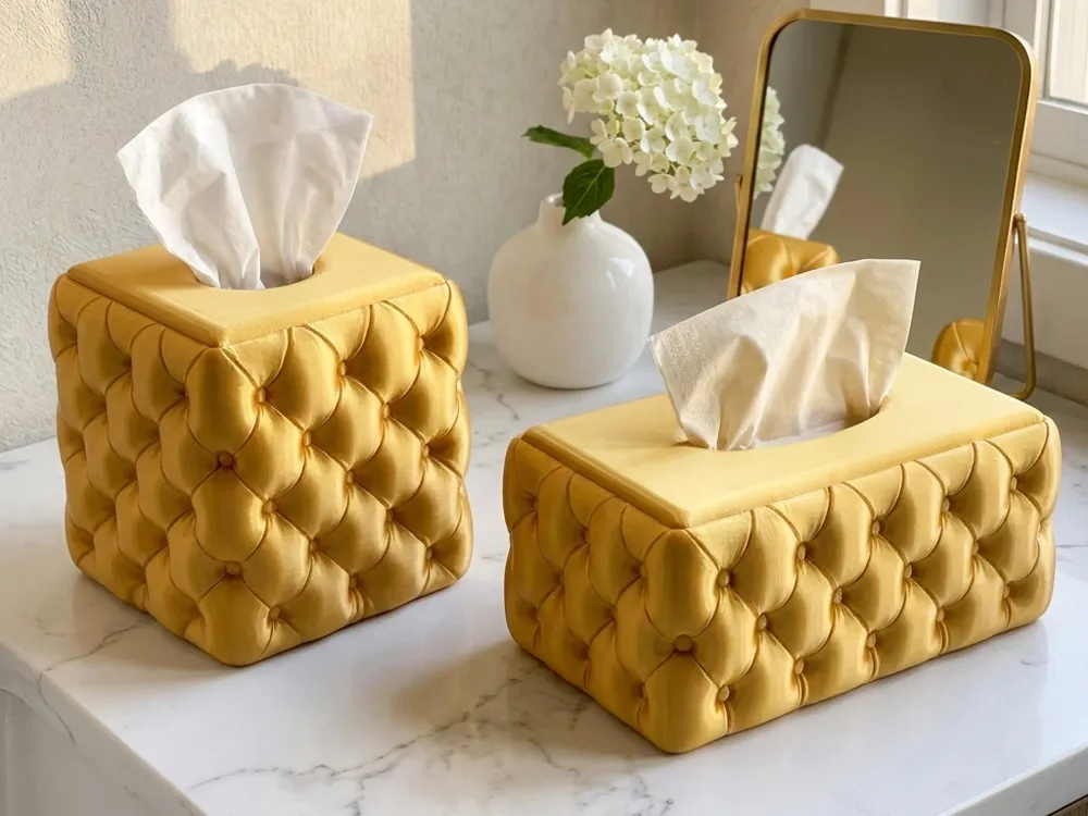 Tufted Square Tissue Box Cover — example colour. Includes: One finished printed item; display accessories excluded. Approximate dimensions (Width × Depth × Height): 1 supplied: 192.3 × 189.4 × 134.7 mm.