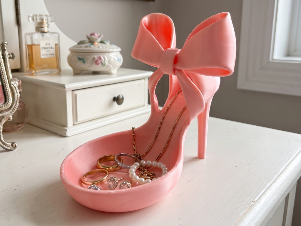High Heel & Bow Jewellery Tray — example colour. Includes: One finished printed item; display accessories excluded. Approximate dimensions (Width × Depth × Height): 1 supplied: 184.1 × 116.3 × 175.7 mm.