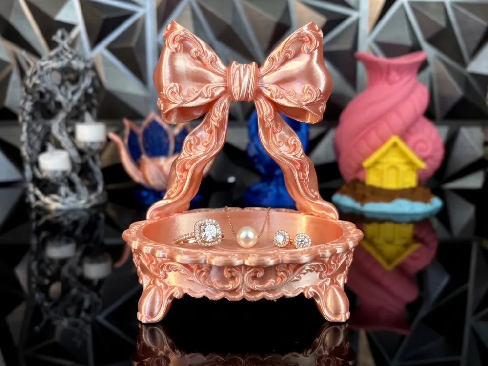 Vintage Bow & Filigree Jewellery Dish — example colour. Includes: One finished printed item; display accessories excluded. Approximate dimensions (Width × Depth × Height): 1 supplied: 152.4 × 106 × 177.4 mm.
