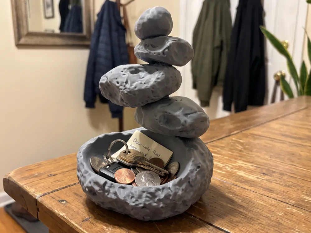 Stacked Stone Cairn Catchall Bowl — example colour. Includes: One finished printed item; display accessories excluded. Approximate dimensions (Width × Depth × Height): 1 supplied: 172.5 × 170.2 × 204 mm.