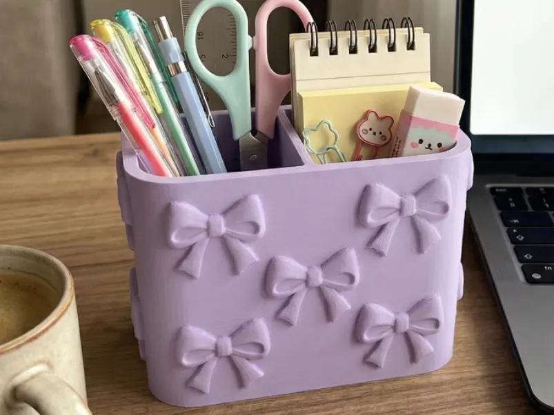 Bow Desk Organiser & Stationery Tray — example colour. Includes: One finished printed item; display accessories excluded. Approximate dimensions (Width × Depth × Height): 1 supplied: 101.6 × 55.9 × 76.4 mm.
