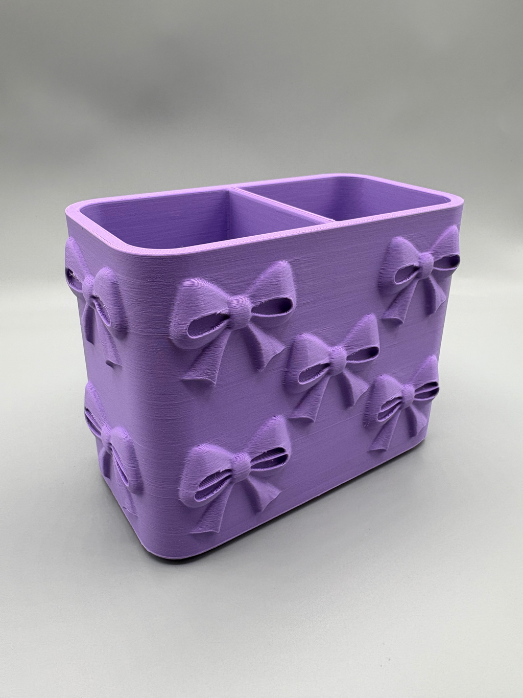 Bow Desk Organiser & Stationery Tray — example colour. Includes: One finished printed item; display accessories excluded. Approximate dimensions (Width × Depth × Height): 1 supplied: 101.6 × 55.9 × 76.4 mm.