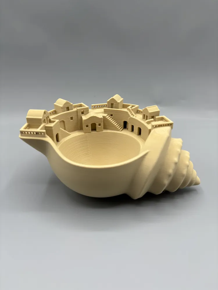 Santorini Village Seashell Catchall — example colour. Includes: One finished printed item; display accessories excluded. Approximate dimensions (Width × Depth × Height): 1 supplied: 190.5 × 133.4 × 94.8 mm.