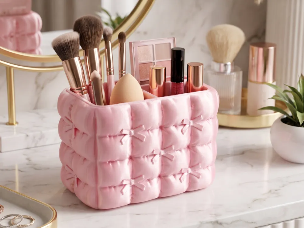Quilted Bow Brush & Desk Organiser — example colour. Includes: One finished printed item; display accessories excluded. Approximate dimensions (Width × Depth × Height): 1 supplied: 177.8 × 117.8 × 114.6 mm.