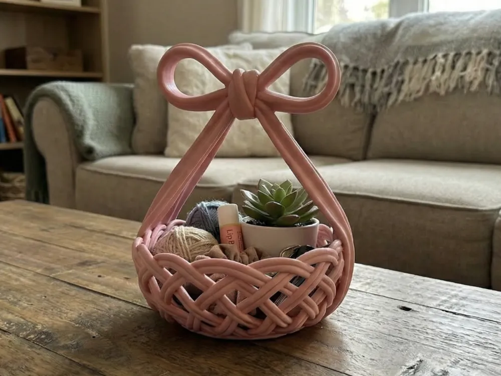 Woven Bow Handle Storage Basket — example colour. Includes: One finished item supplied; display accessories are excluded. Approximate dimensions (Width × Depth × Height): 1 supplied: 101.6 × 98.7 × 123.3 mm.
