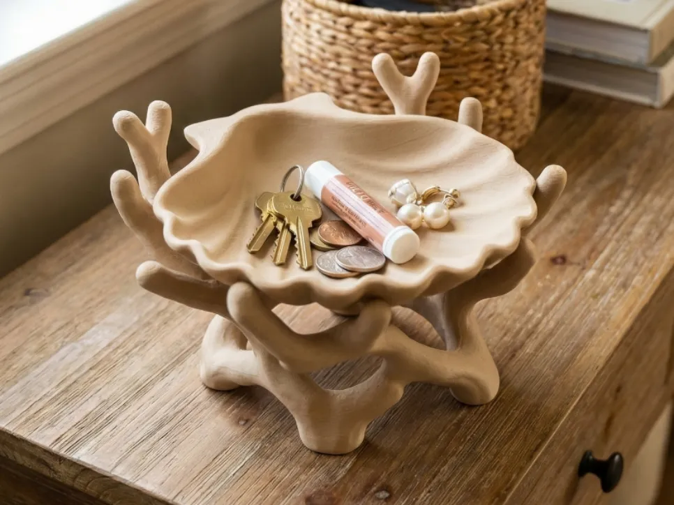 Coral & Scallop Shell Jewellery Dish — example colour. Includes: One finished item supplied; display accessories are excluded. Approximate dimensions (Width × Depth × Height): 1 supplied: 120.6 × 110.6 × 83.7 mm.