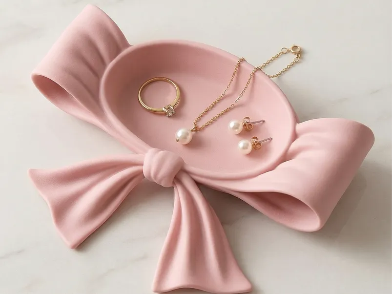 Draped Ribbon Bow Jewellery Tray — example colour. Includes: One finished item supplied; display accessories are excluded. Approximate dimensions (Width × Depth × Height): 1 supplied: 127 × 89 × 29.3 mm.