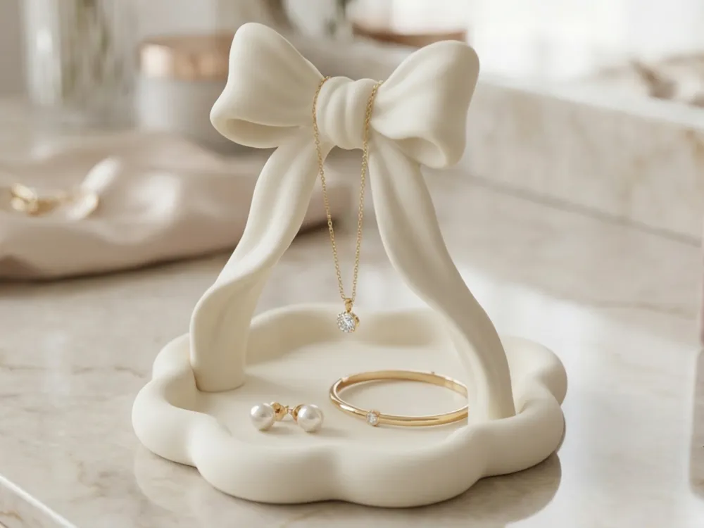 Ribbon Bow Stand & Scalloped Jewellery Tray — example colour. Includes: One finished item supplied; display accessories are excluded. Approximate dimensions (Width × Depth × Height): 1 supplied: 144.5 × 143.6 × 139.7 mm.