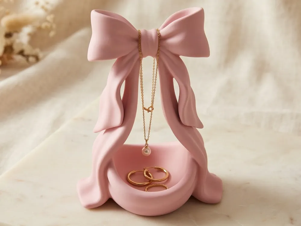 Bow Jewellery Stand & Ring Dish — example colour. Includes: One finished item supplied; display accessories are excluded. Approximate dimensions (Width × Depth × Height): 1 supplied: 123.4 × 86.4 × 165.1 mm.