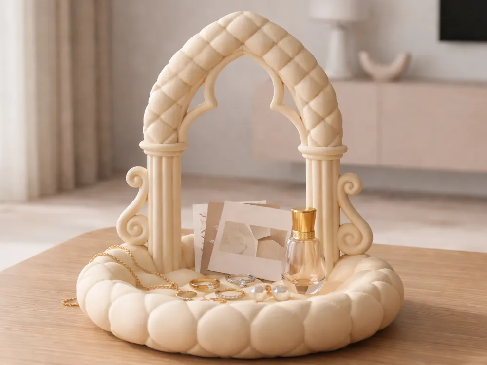 Gothic Arch Quilted Jewellery Tray — example colour. Includes: One finished item supplied; display accessories are excluded. Approximate dimensions (Width × Depth × Height): 1 supplied: 131 × 127 × 131.8 mm.