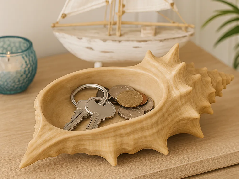 Elongated Conch Shell Catchall Bowl — example colour. Includes: One finished item supplied; display accessories are excluded. Approximate dimensions (Width × Depth × Height): 1 supplied: 182.8 × 101.6 × 55.3 mm.