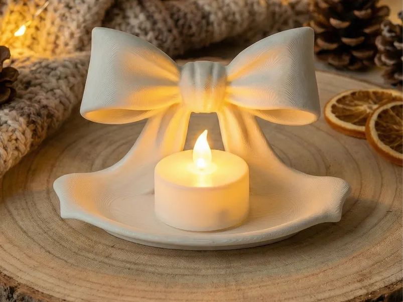 Ribbon Bow LED Tea Light Holder — example colour. Includes: One finished item supplied; display accessories are excluded. Approximate dimensions (Width × Depth × Height): 1 supplied: 101.6 × 65.3 × 64 mm.