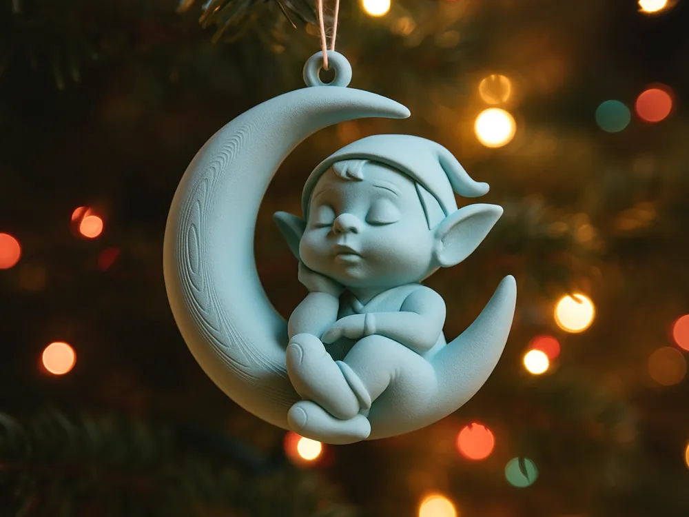 Sleeping Elf Crescent Moon Ornament — example colour. Includes: One finished item supplied; display accessories are excluded. Approximate dimensions (Width × Depth × Height): 1 supplied: 88.9 × 78 × 42.6 mm.