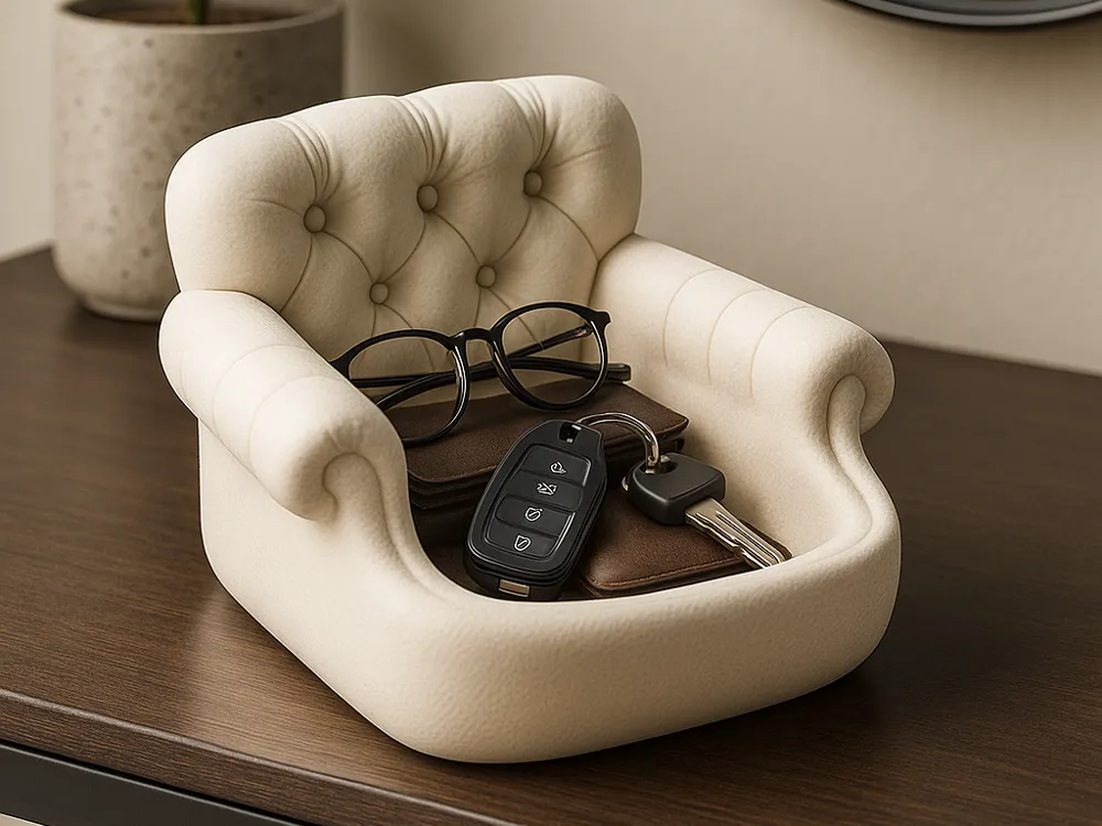 Tufted Armchair Catchall Tray — example colour. Includes: One finished item supplied; display accessories are excluded. Approximate dimensions (Width × Depth × Height): 1 supplied: 153.2 × 152.4 × 127.5 mm.