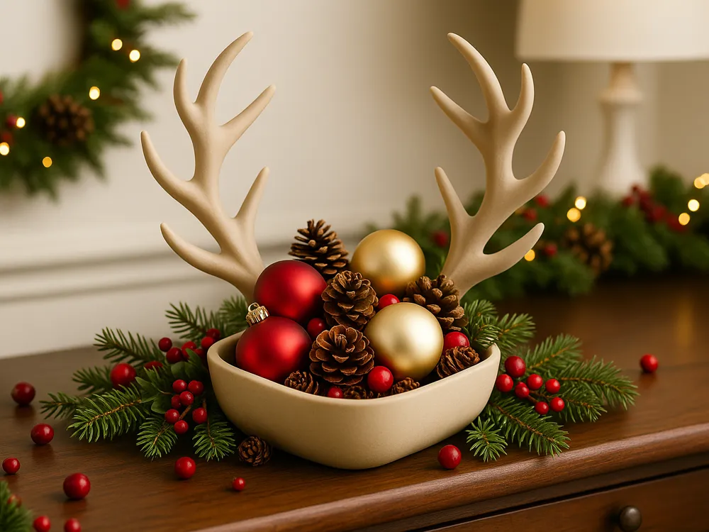 Reindeer Antler Decorative Bowl — example colour. Includes: One finished item supplied; display accessories are excluded. Approximate dimensions (Width × Depth × Height): 1 supplied: 165.1 × 119.5 × 164.3 mm.