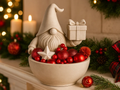 Christmas Gnome Wrapped-Treat Bowl — example colour. Includes: One finished item supplied; display accessories are excluded. Approximate dimensions (Width × Depth × Height): 1 supplied: 136.9 × 127 × 156.1 mm.