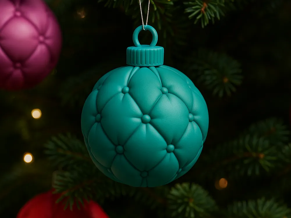 Button-Tufted Christmas Bauble — example colour. Includes: One finished item supplied; display accessories are excluded. Approximate dimensions (Width × Depth × Height): 1 supplied: 81.6 × 81.6 × 97.4 mm.