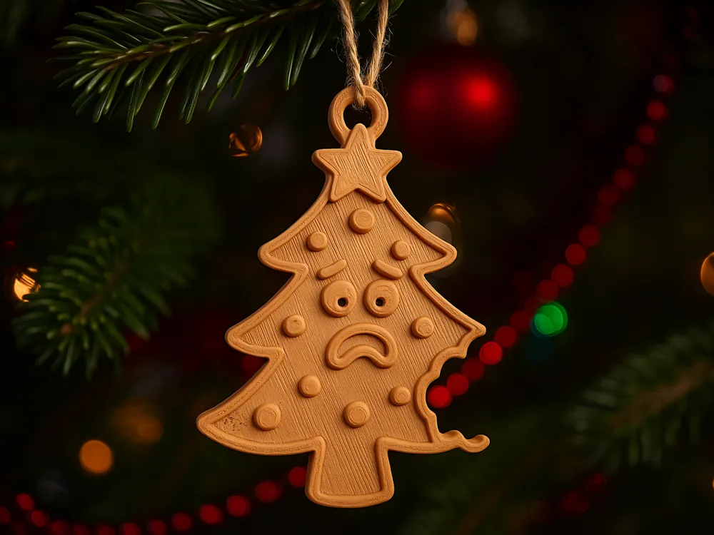 Bitten Christmas Tree Hanging Ornament — example colour. Includes: One finished item supplied; display accessories are excluded. Approximate dimensions (Width × Depth × Height): 1 supplied: 101.6 × 70.1 × 10.2 mm.