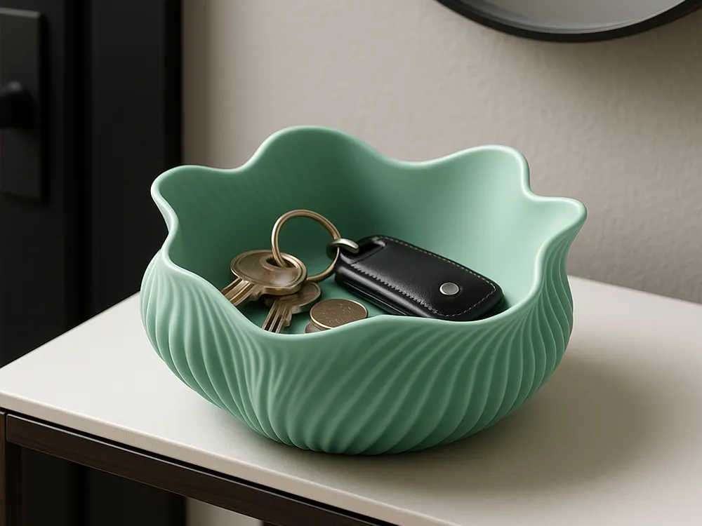 Wavy Rim Shell-Inspired Catchall Bowl — example colour. Includes: One finished item supplied; display accessories are excluded. Approximate dimensions (Width × Depth × Height): 1 supplied: 137.6 × 134.6 × 66.8 mm.