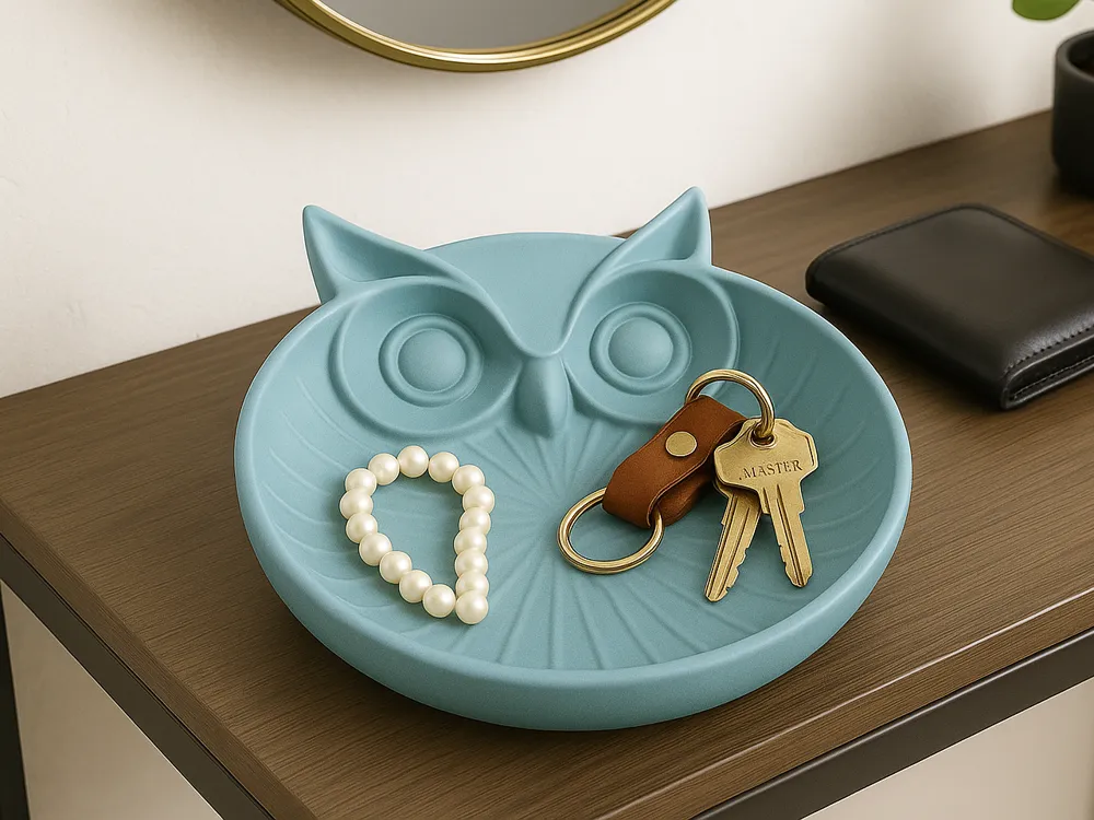 Owl Face Woodland Catchall Tray — example colour. Includes: One finished item supplied; display accessories are excluded. Approximate dimensions (Width × Depth × Height): 1 supplied: 127 × 126.2 × 16.1 mm.