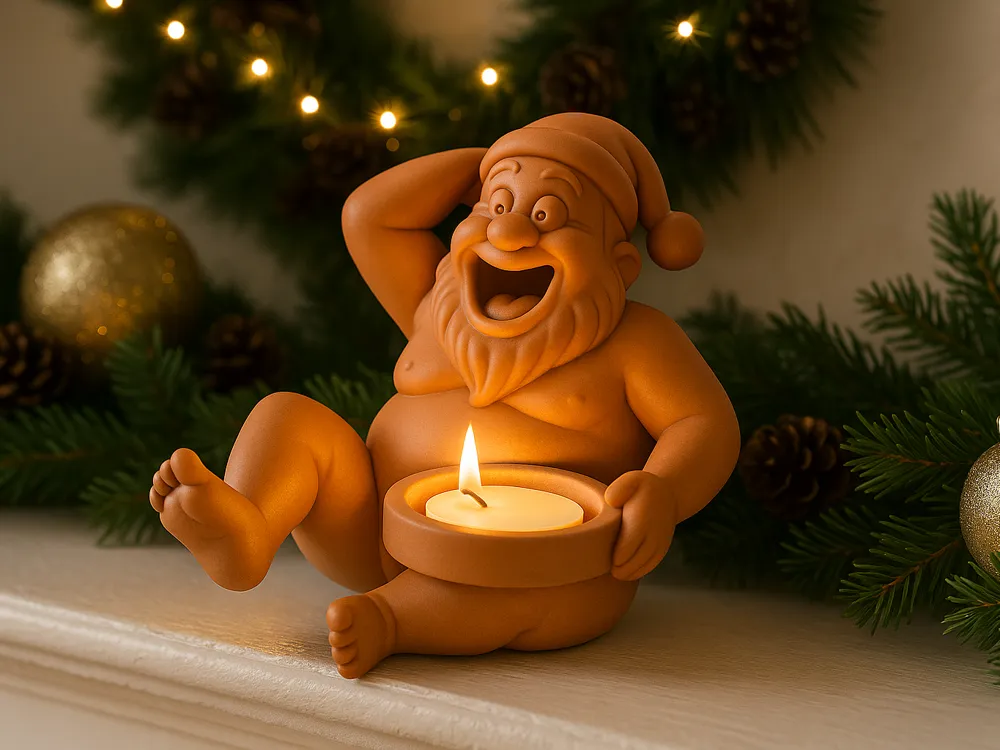 Laughing Santa LED Tea Light Holder — example colour. Includes: One finished item supplied; display accessories are excluded. Approximate dimensions (Width × Depth × Height): 1 supplied: 117 × 96.1 × 79.1 mm.