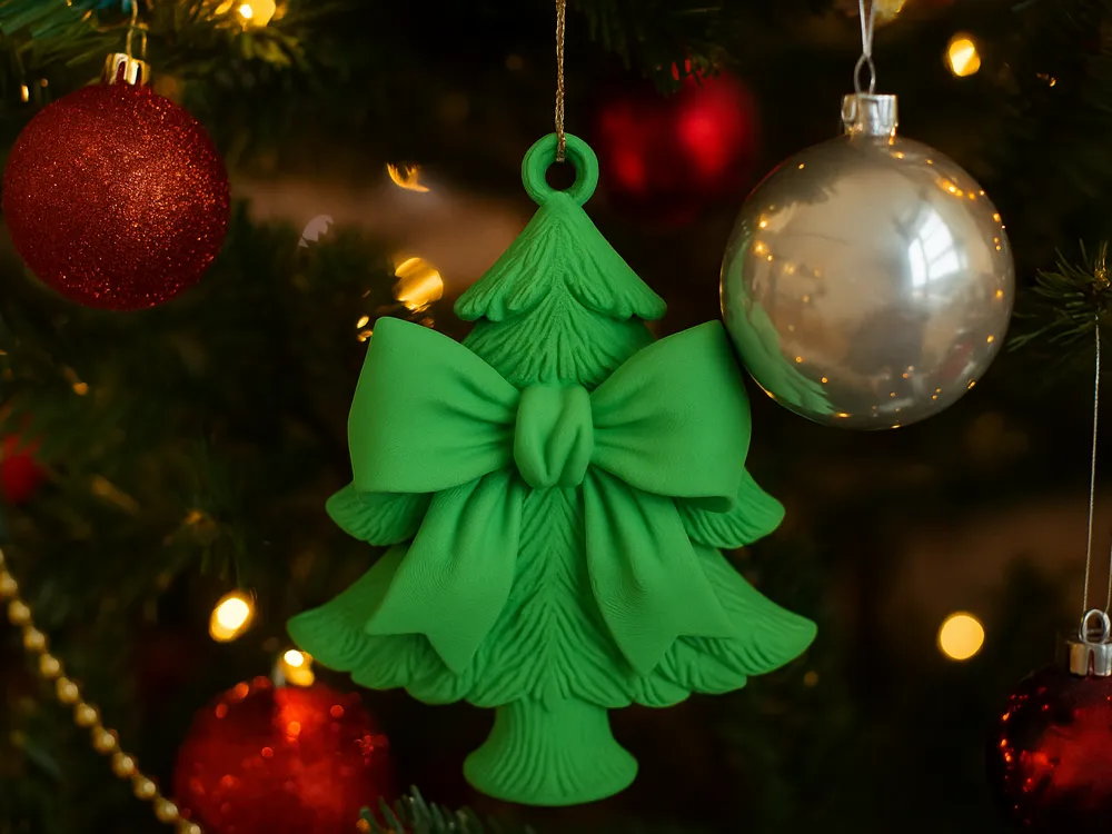 Ribbon Bow Christmas Tree Ornament — example colour. Includes: One finished item supplied; display accessories are excluded. Approximate dimensions (Width × Depth × Height): 1 supplied: 101.6 × 88.4 × 16.5 mm.