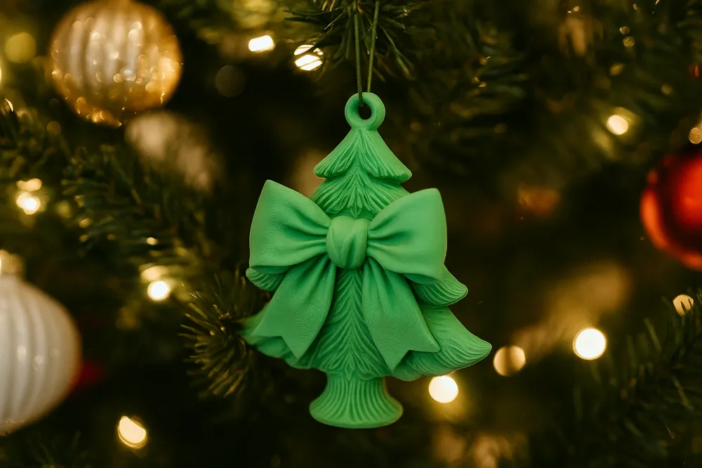 Ribbon Bow Christmas Tree Ornament — example colour. Includes: One finished item supplied; display accessories are excluded. Approximate dimensions (Width × Depth × Height): 1 supplied: 101.6 × 88.4 × 16.5 mm.