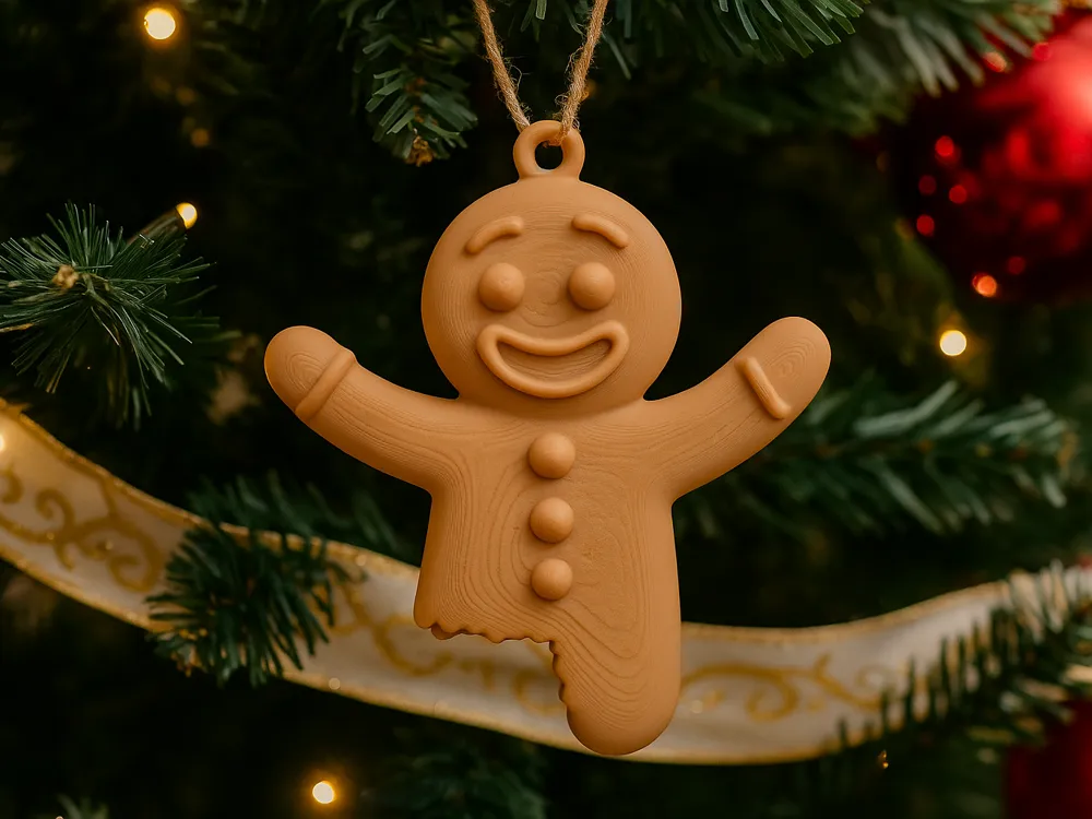 Bitten Gingerbread Man Christmas Ornament — example colour. Includes: One finished item supplied; display accessories are excluded. Approximate dimensions (Width × Depth × Height): 1 supplied: 101.6 × 89.6 × 15.2 mm.