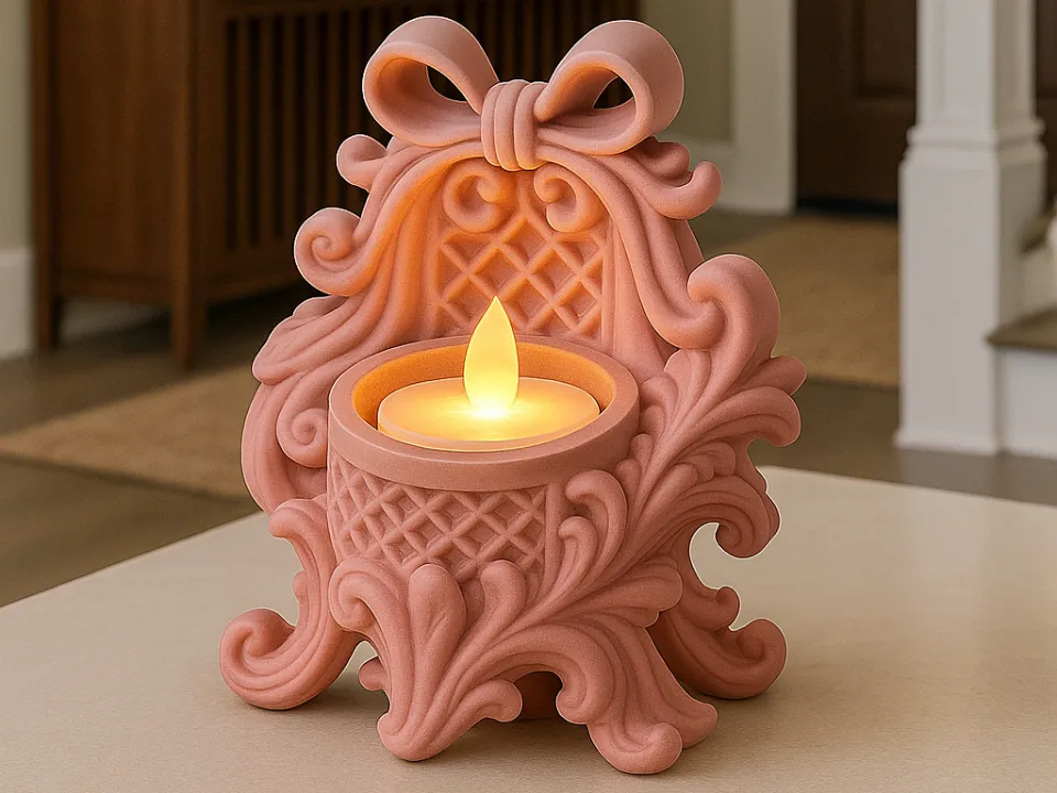 Ornate Ribbon Bow LED Tea Light Holder — example colour. Includes: One finished item supplied; display accessories are excluded. Approximate dimensions (Width × Depth × Height): 1 supplied: 86.1 × 45 × 99.3 mm.