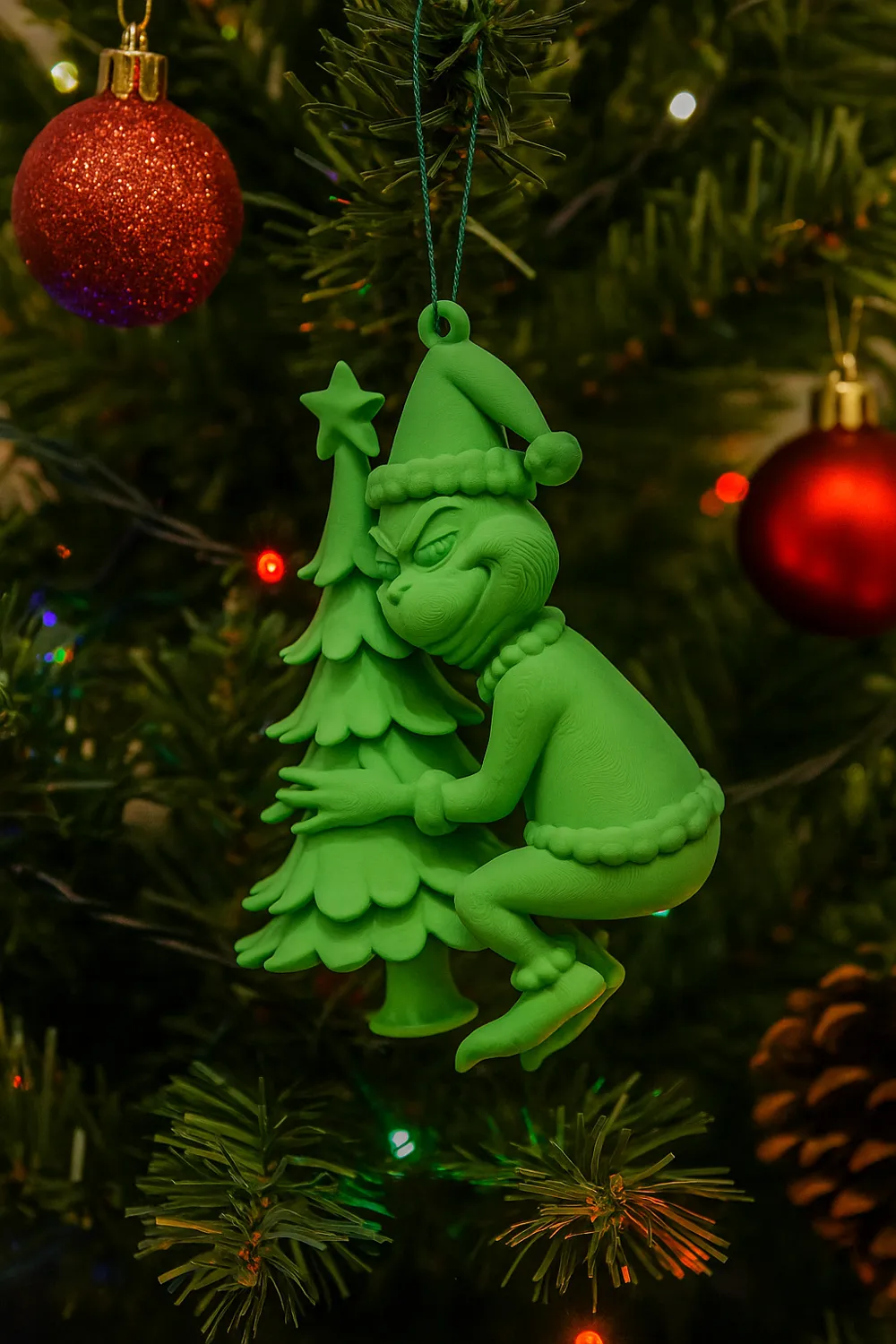 Grinch Hugging Tree Christmas Ornament — example colour. Includes: One finished item supplied; display accessories are excluded. Approximate dimensions (Width × Depth × Height): 1 supplied: 92.3 × 70.4 × 25.4 mm.