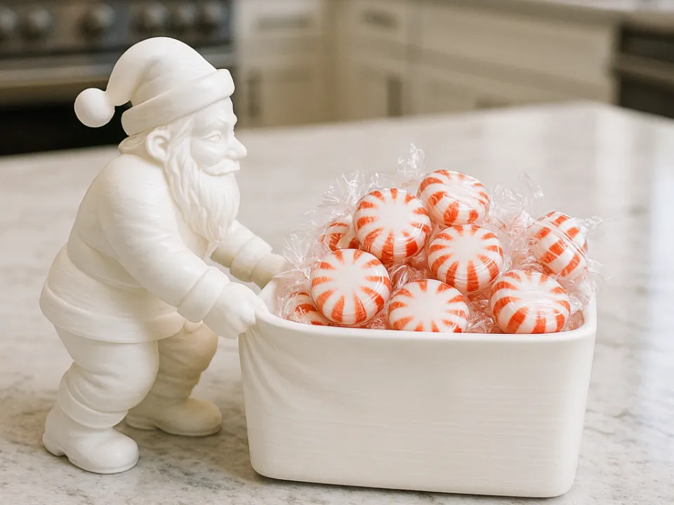 Santa Pulling Basket Wrapped-Treat Holder — example colour. Includes: One finished item supplied; display accessories are excluded. Approximate dimensions (Width × Depth × Height): 1 supplied: 186.8 × 88.9 × 136.1 mm.