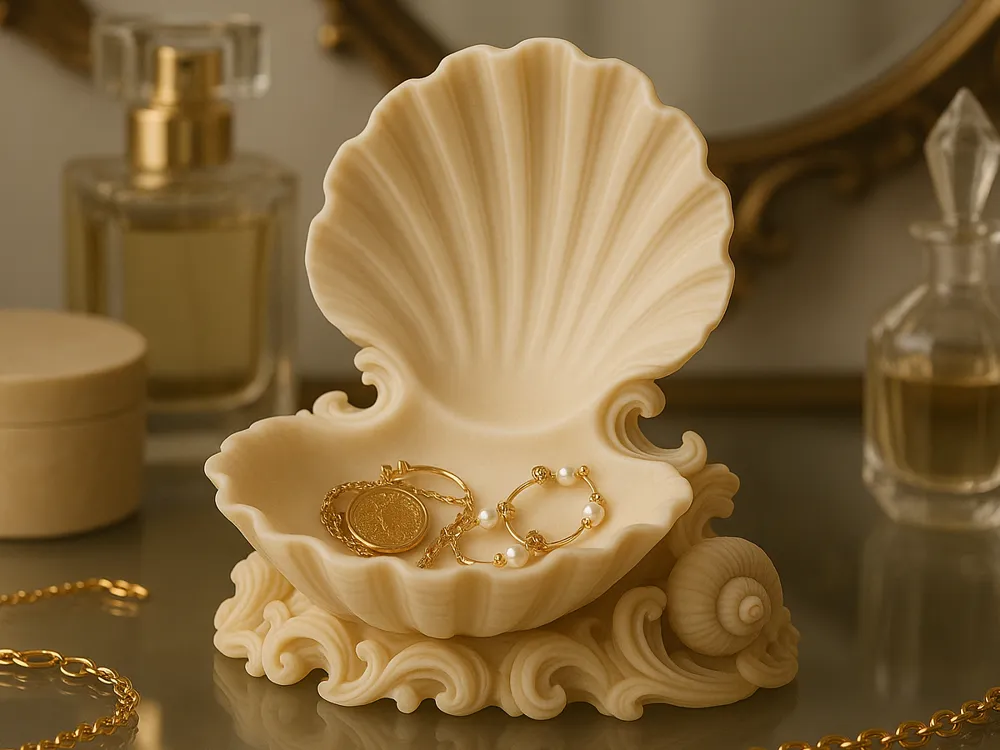Ornate Base Seashell Jewellery Dish — example colour. Includes: One finished item supplied; display accessories are excluded. Approximate dimensions (Width × Depth × Height): 1 supplied: 123.5 × 114.3 × 112.3 mm.