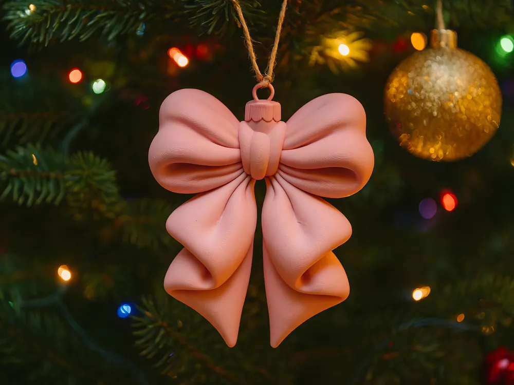 Puffy Ribbon Bow Hanging Ornament — example colour. Includes: One finished item supplied; display accessories are excluded. Approximate dimensions (Width × Depth × Height): 1 supplied: 101.6 × 82.1 × 20.3 mm.