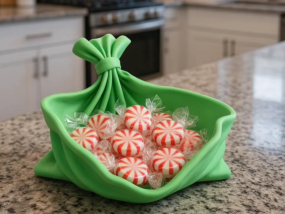 Draped Fabric Knot Catchall Bowl — example colour. Includes: One finished item supplied; display accessories are excluded. Approximate dimensions (Width × Depth × Height): 1 supplied: 142.2 × 139.7 × 84.6 mm.