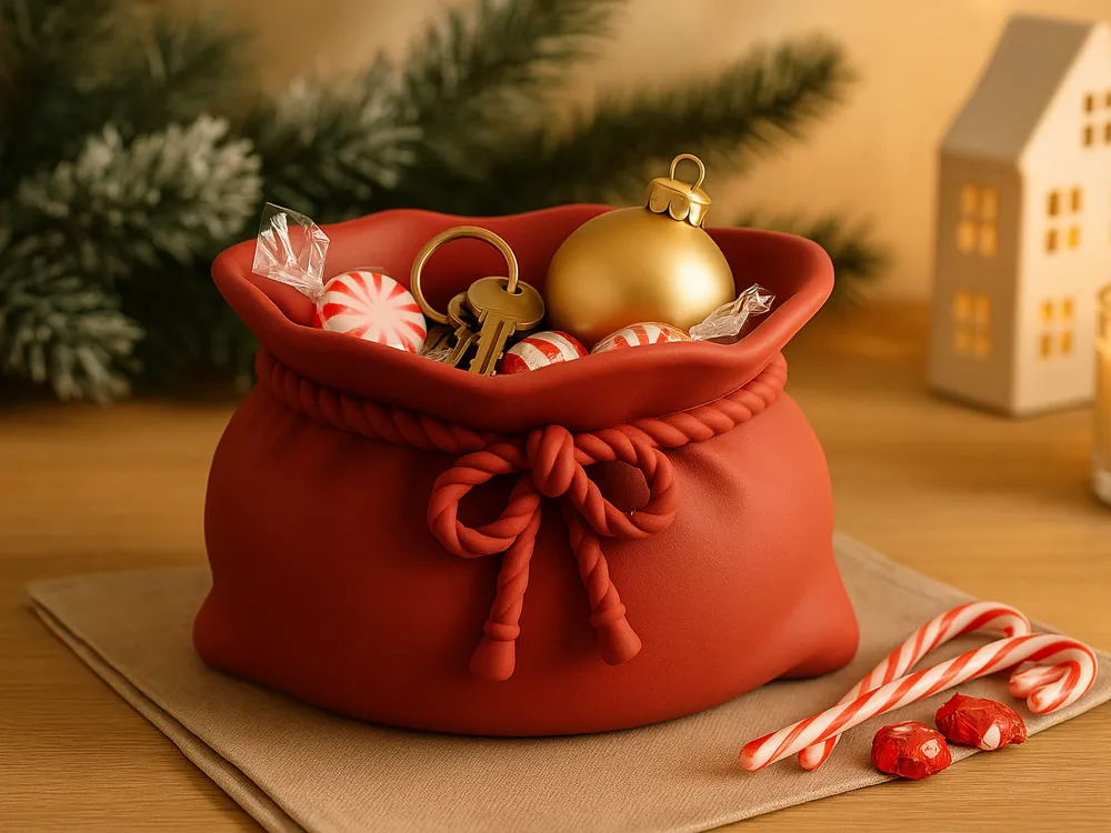 Santa Sack Wrapped-Treat Catchall Bowl — example colour. Includes: One finished item supplied; display accessories are excluded. Approximate dimensions (Width × Depth × Height): 1 supplied: 127 × 121.2 × 78.3 mm.