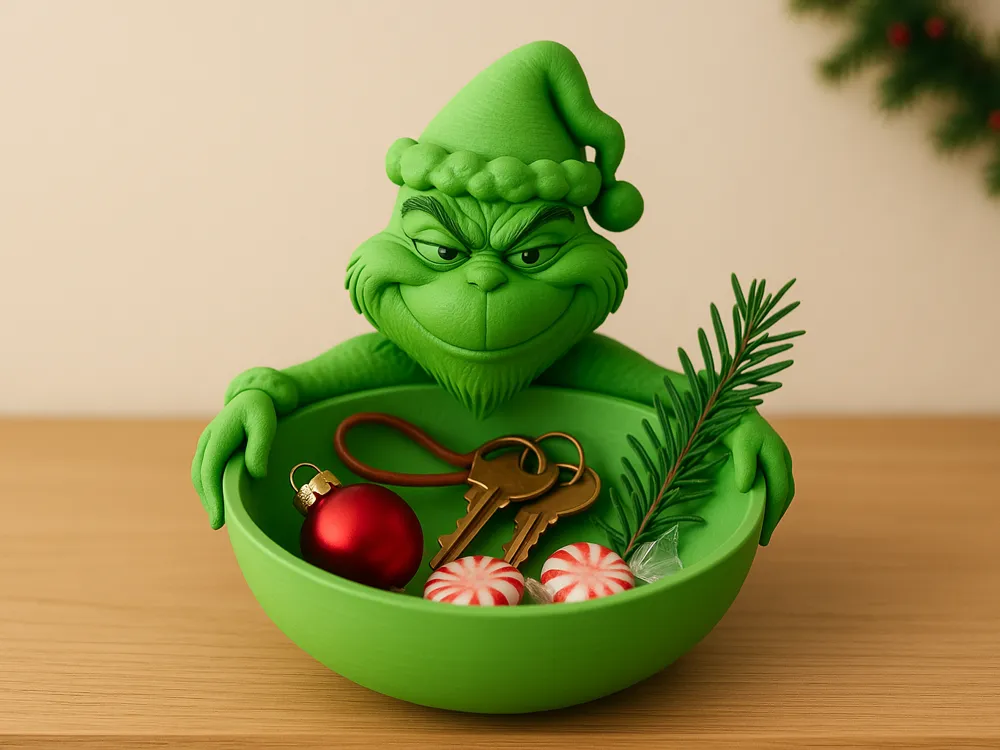 Grinch Holiday Catchall Bowl — example colour. Includes: One finished item supplied; display accessories are excluded. Approximate dimensions (Width × Depth × Height): 1 supplied: 130.2 × 116.9 × 127 mm.