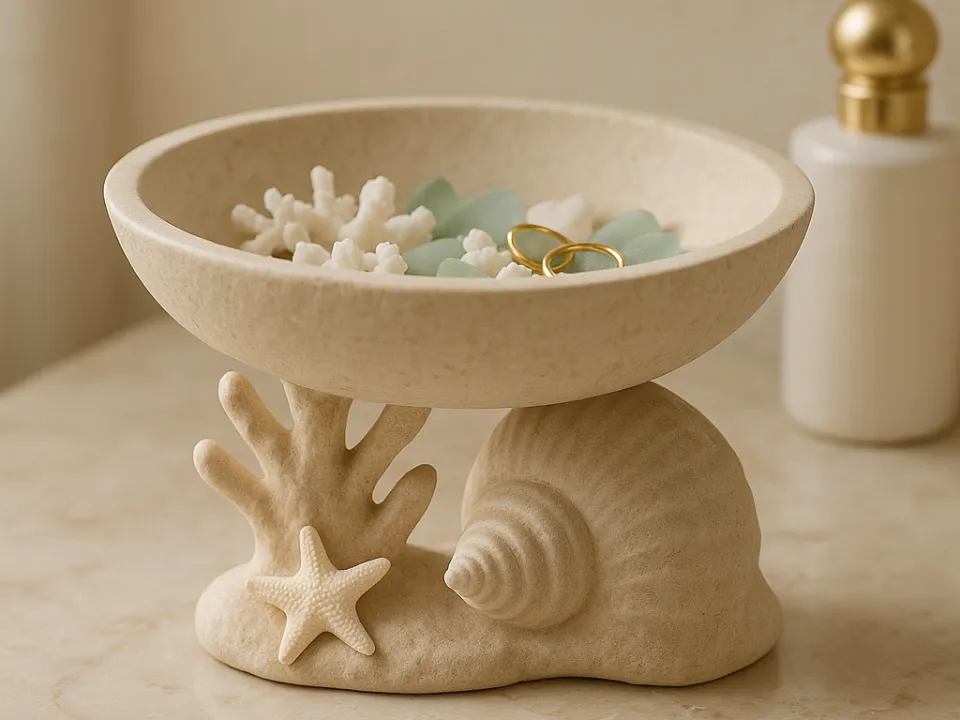 Coral Shell & Starfish Vanity Bowl — example colour. Includes: One finished item supplied; display accessories are excluded. Approximate dimensions (Width × Depth × Height): 1 supplied: 135.8 × 135.7 × 88.9 mm.
