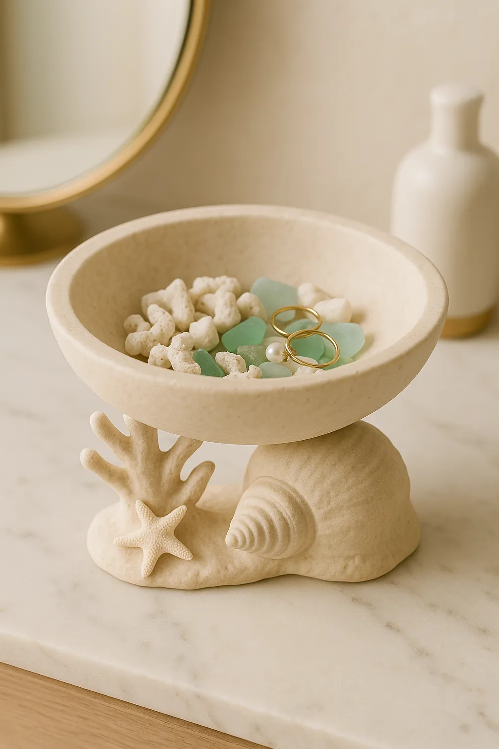 Coral Shell & Starfish Vanity Bowl — example colour. Includes: One finished item supplied; display accessories are excluded. Approximate dimensions (Width × Depth × Height): 1 supplied: 135.8 × 135.7 × 88.9 mm.
