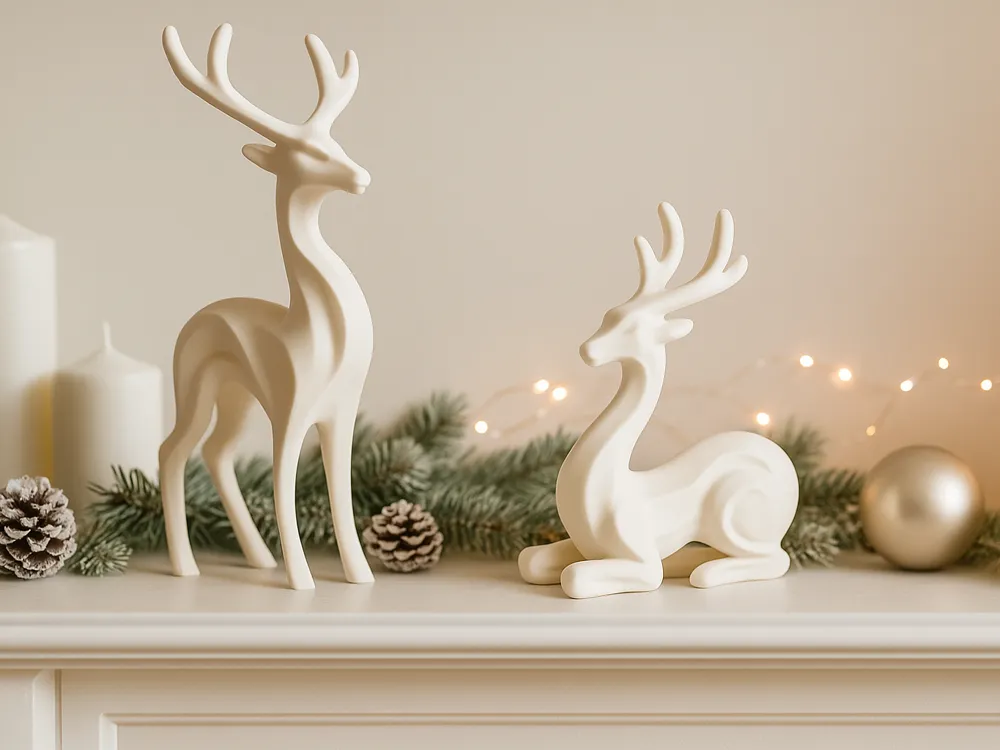 Minimalist Reindeer Pair Display Set — example colour. Includes: Two printed reindeer figures: one standing and one seated; display accessories excluded. Approximate dimensions (Width × Depth × Height): 1 supplied: 64.2 × 46.2 × 139.7 mm; 1 supplied: 75.3 × 50.5 × 101.2 mm.