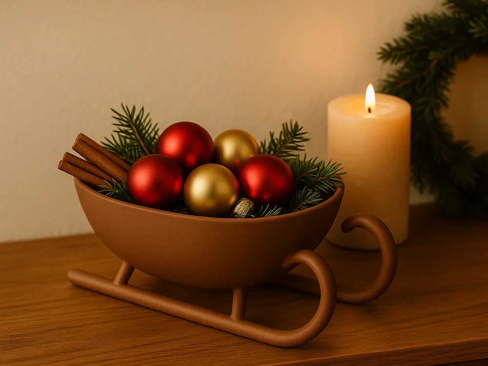 Sleigh-Shaped Holiday Display Bowl — example colour. Includes: One finished item supplied; display accessories are excluded. Approximate dimensions (Width × Depth × Height): 1 supplied: 184 × 95.9 × 74.7 mm.