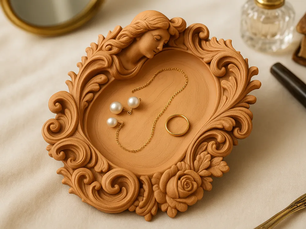 Baroque Woman & Rose Catchall Tray — example colour. Includes: One finished item supplied; display accessories are excluded. Approximate dimensions (Width × Depth × Height): 1 supplied: 162.6 × 140.9 × 42.7 mm.