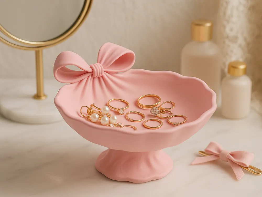 Ribbon-Wrapped Bow Catchall Bowl — example colour. Includes: One finished item supplied; display accessories are excluded. Approximate dimensions (Width × Depth × Height): 1 supplied: 129.9 × 127 × 84.3 mm.